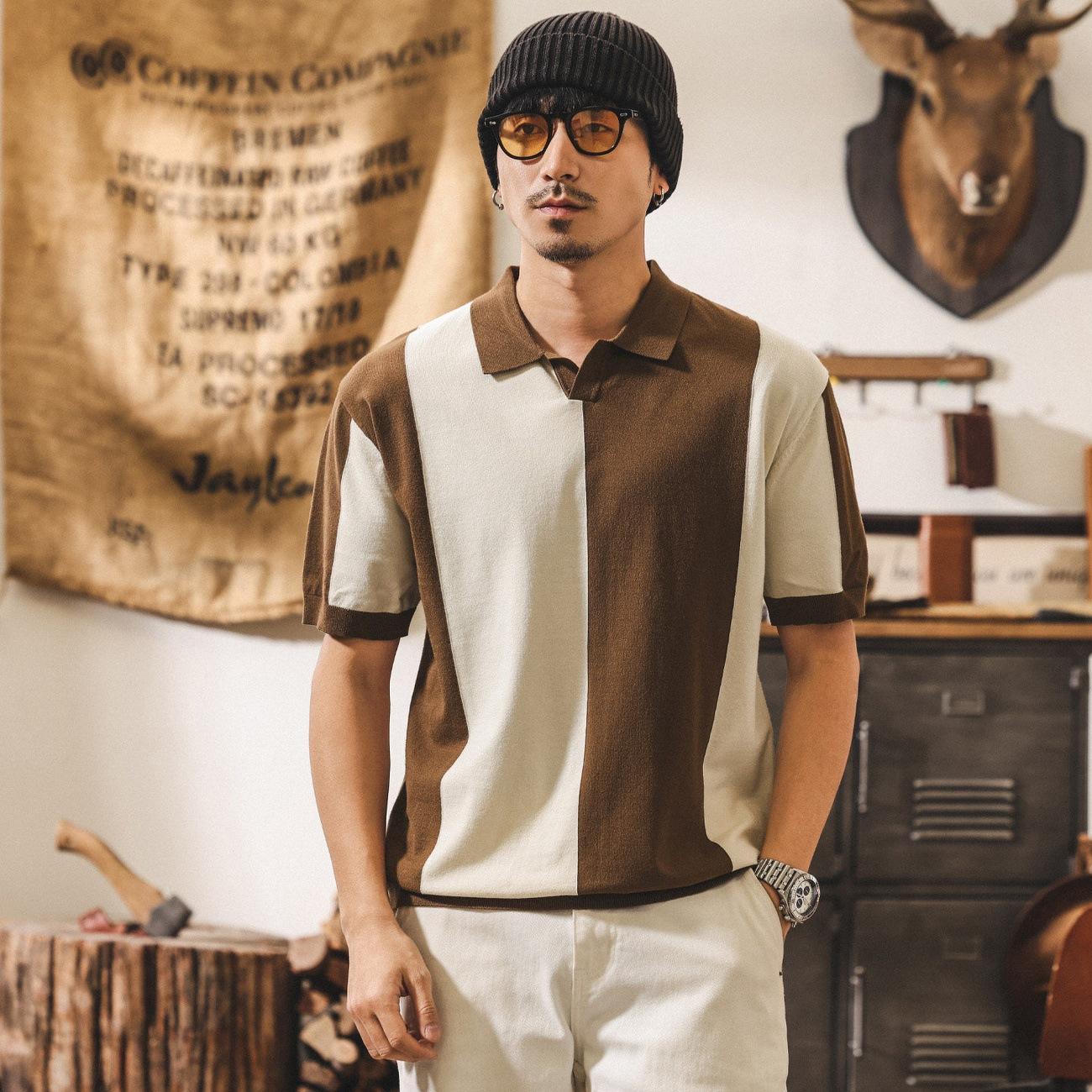 American-style Retro Color-block Short-sleeve