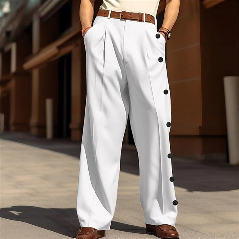 Mens Formal Solid-color Single-breasted Loose-fit Straight-leg Twill Suit Pants