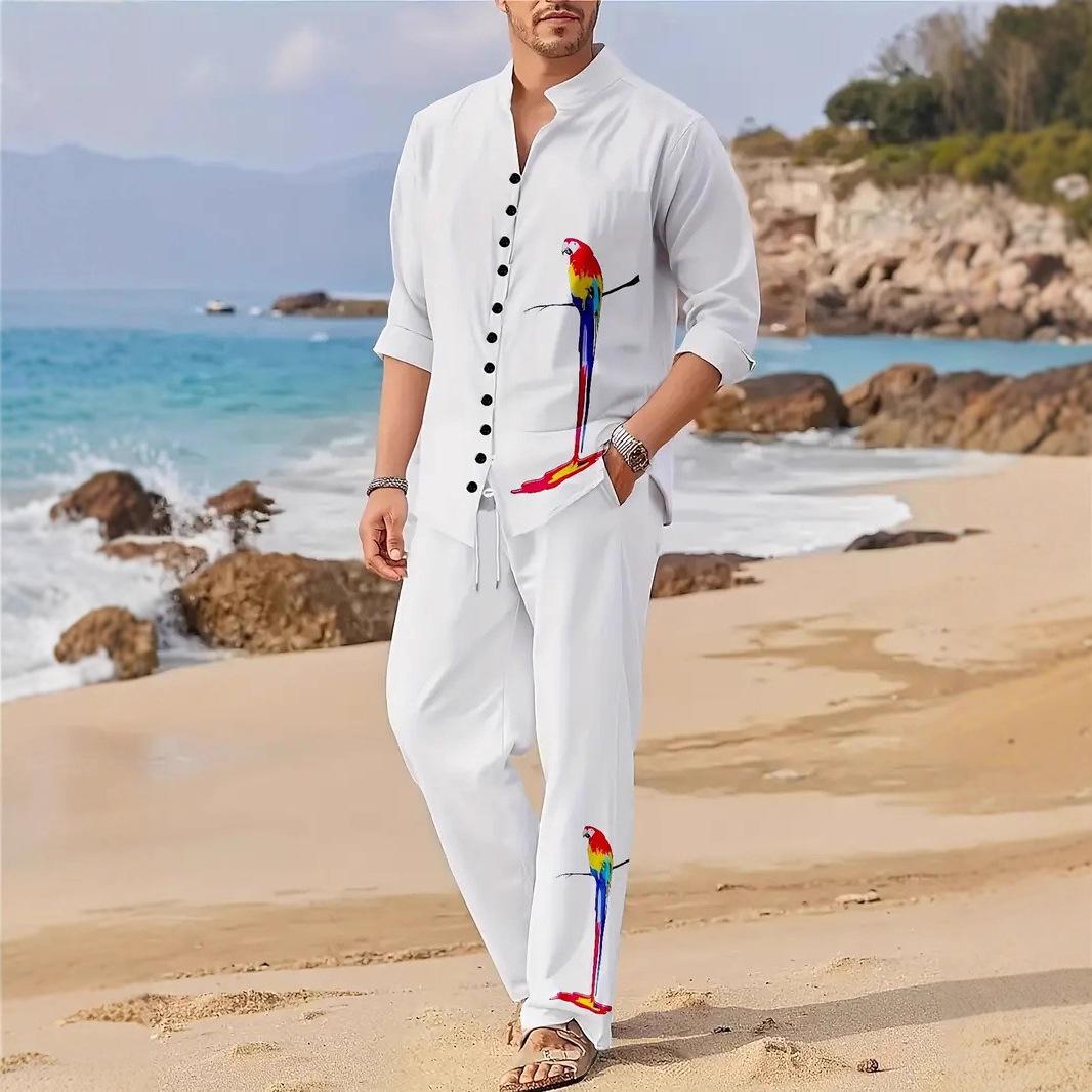 Spring Autumn Casual Lapel Long-Sleeve Mens Shirt Set