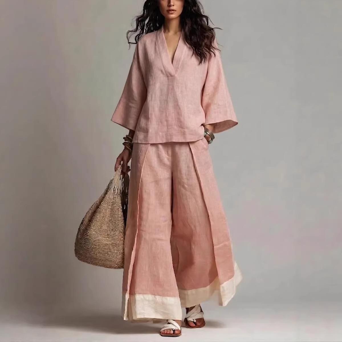 Cotton-Linen French-Style V-Neck Three-Quarter-Sleeve Shirt Contrasting-Color Wide-Leg Pants Set