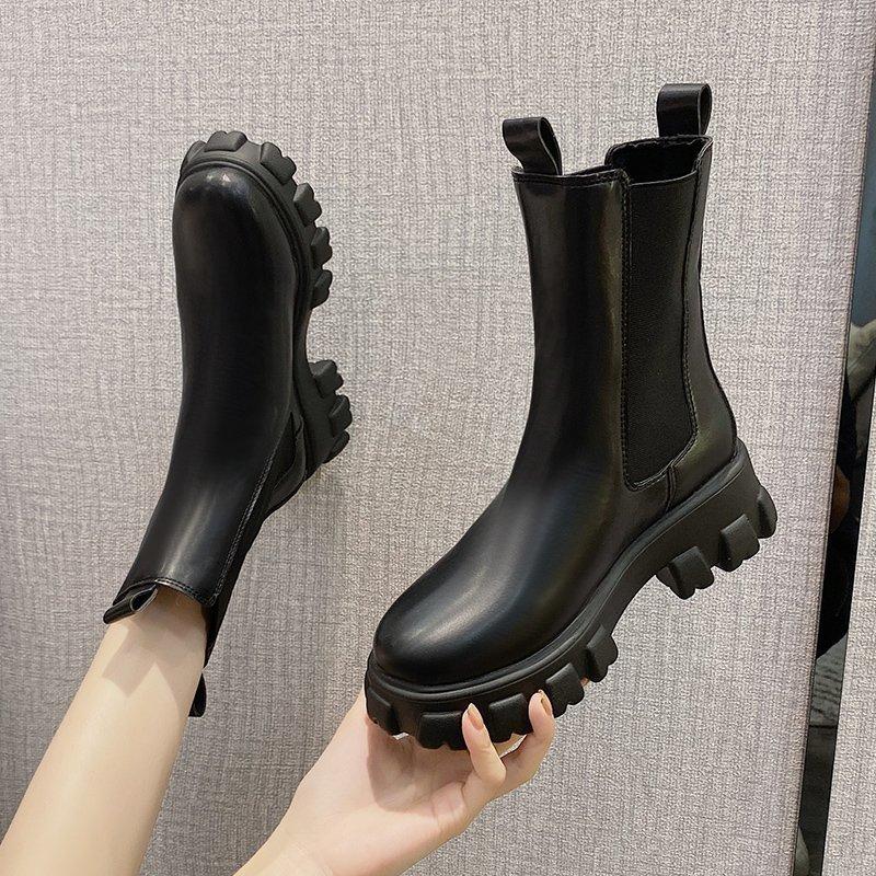 British Style Mid Calf Boots for Women - Autumn Winter Thick Sole Chunky Heel Ankle Boots