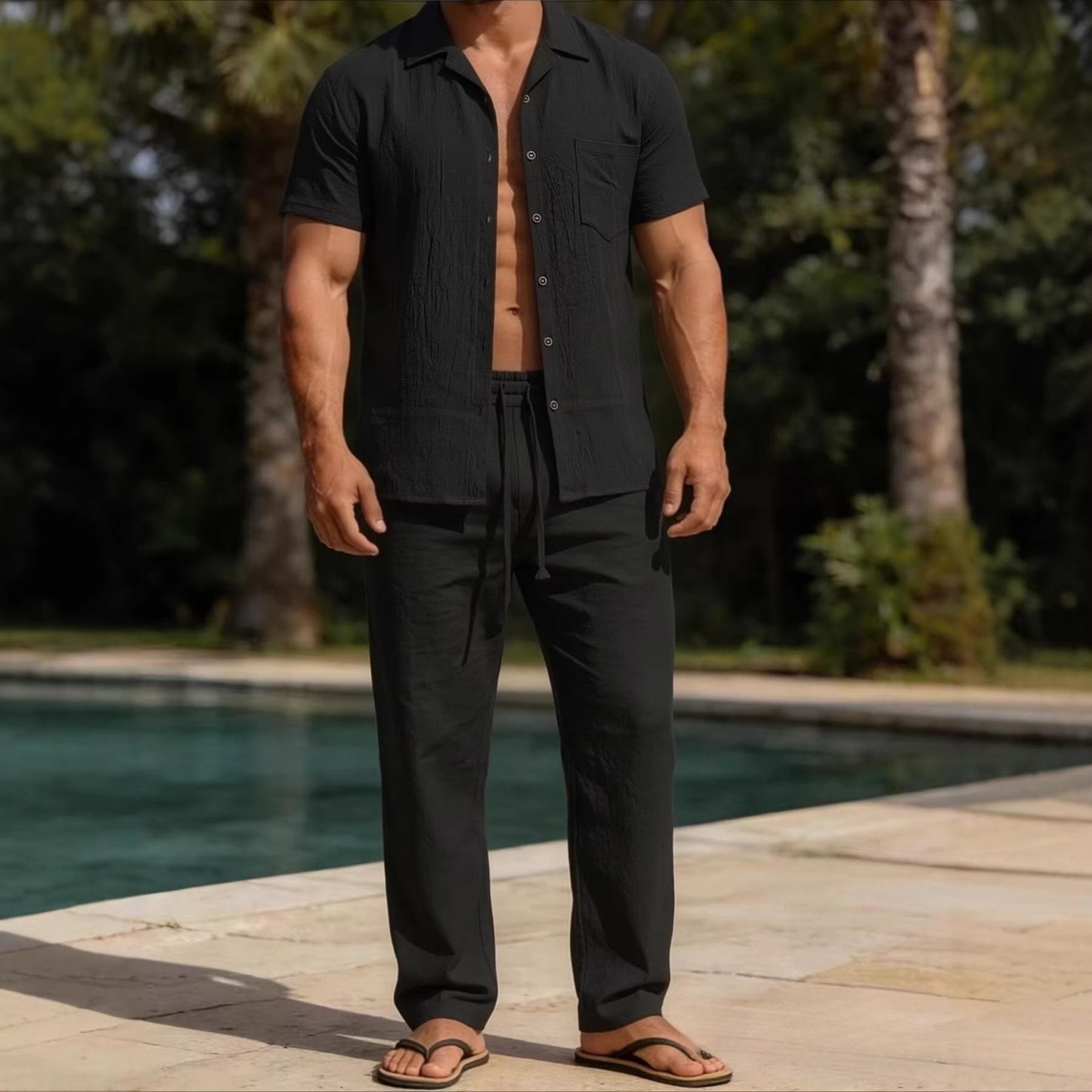 Mens Casual Trendy Short-Sleeve Shirt Set