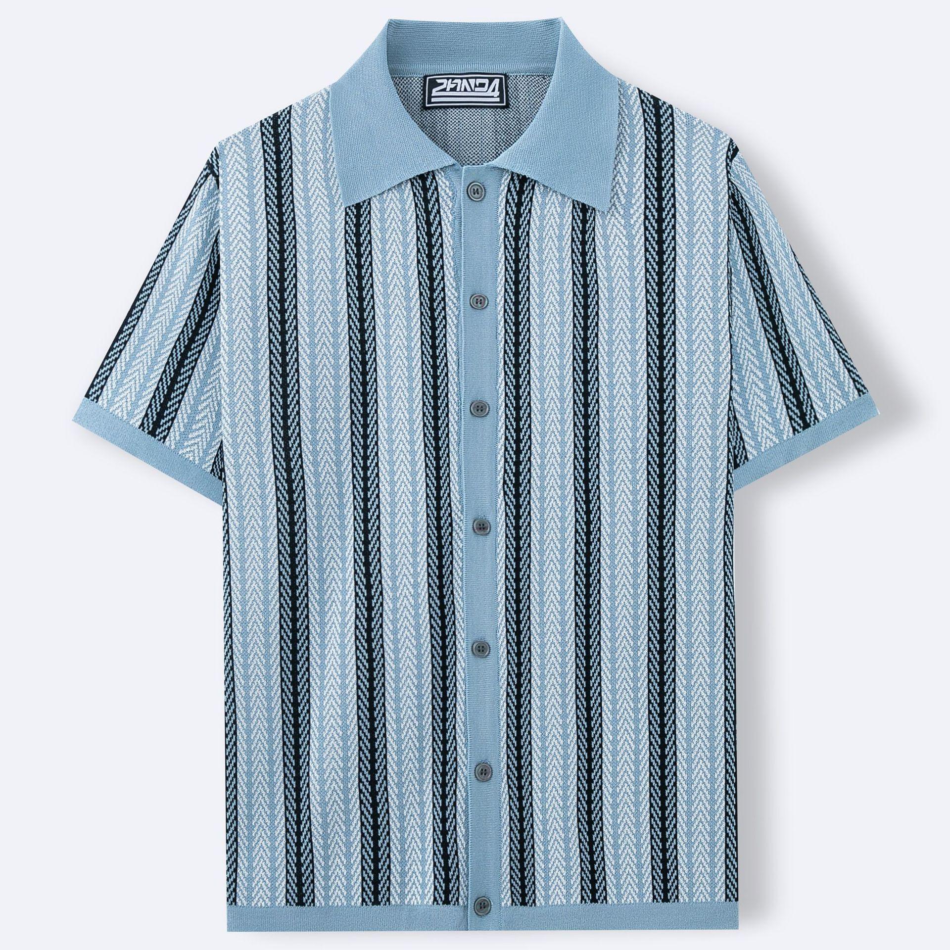 Men's Short-Sleeve Striped Knitted Cardigan Jacquard Polo Shirt
