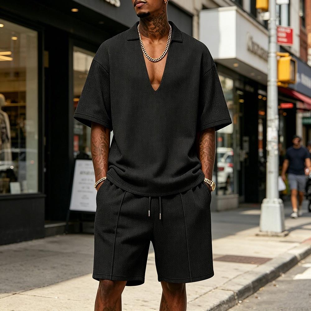 Mens Casual Sportswear Set V-neck T-shirt And Shorts
