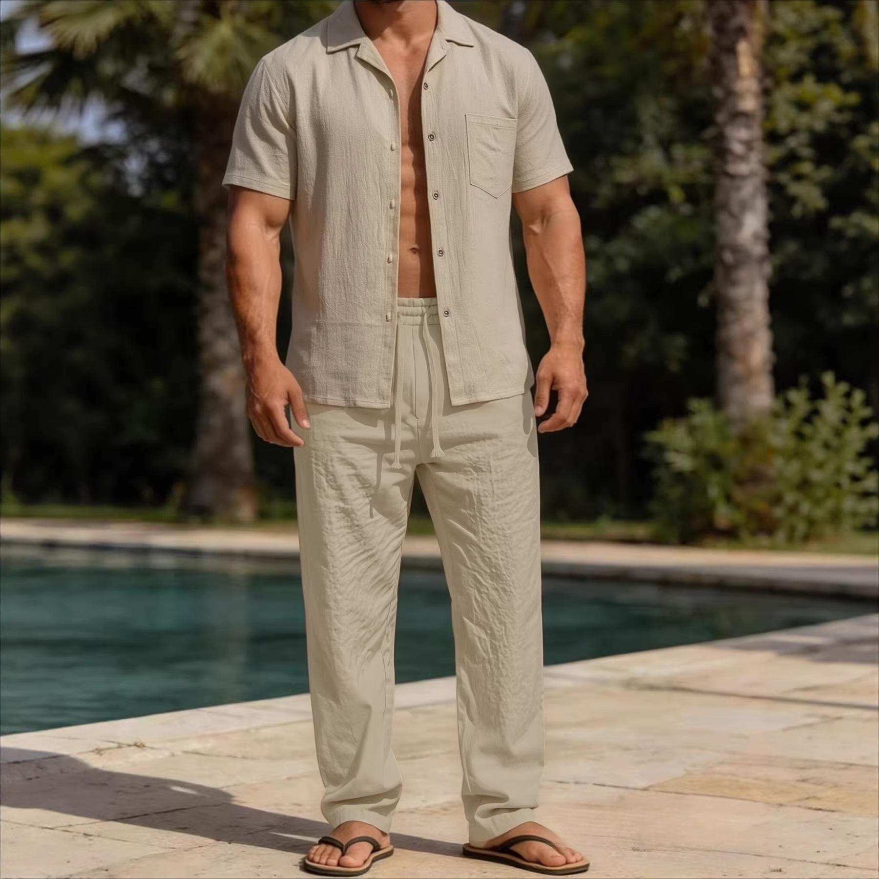 Mens Casual Trendy Short-Sleeve Shirt Set