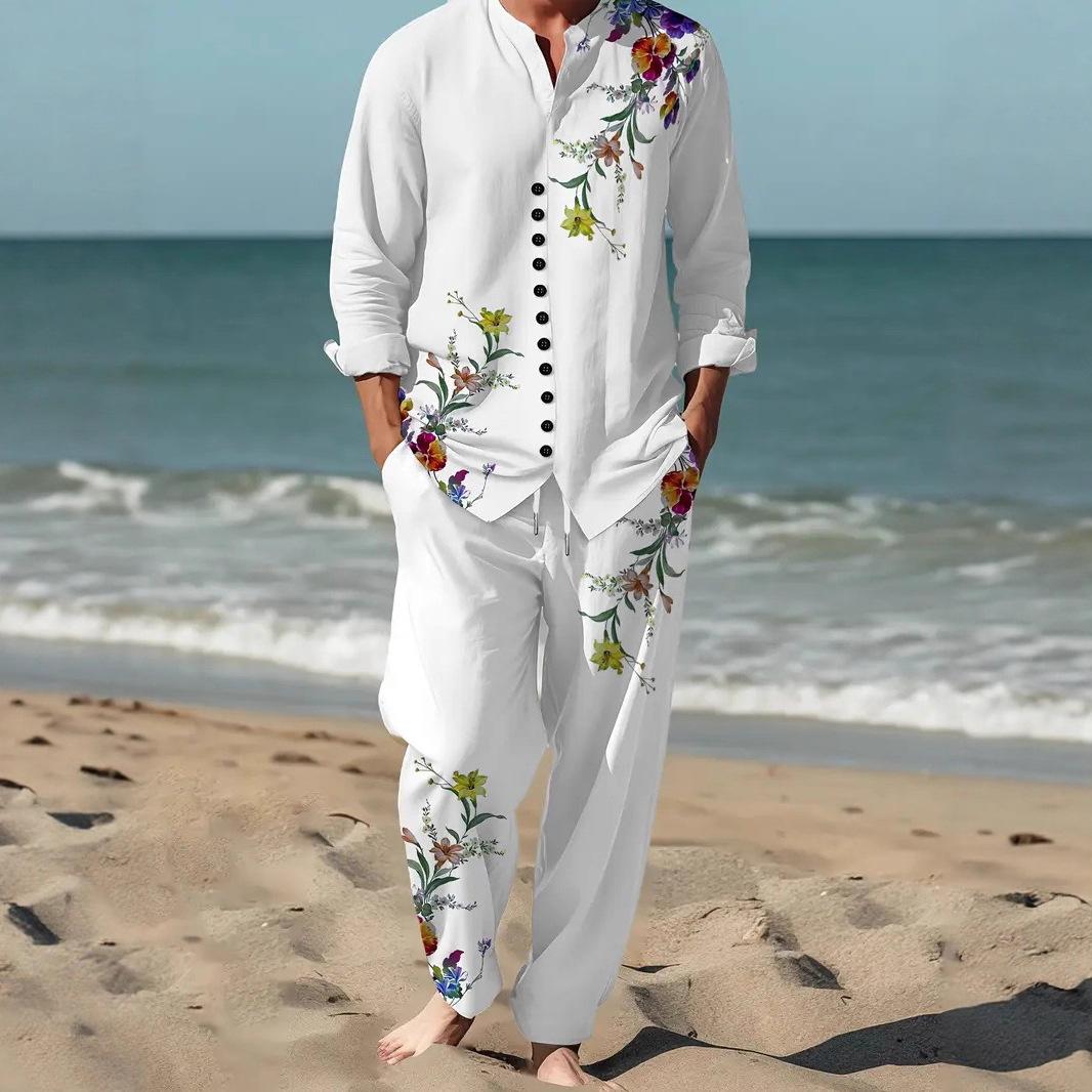Spring Autumn Casual Lapel Long-Sleeve Mens Shirt Set