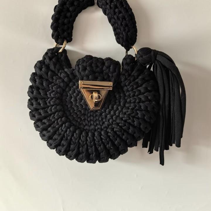 Bohemian Womens Solid-Colored Fabric-Strap Crochet Bag