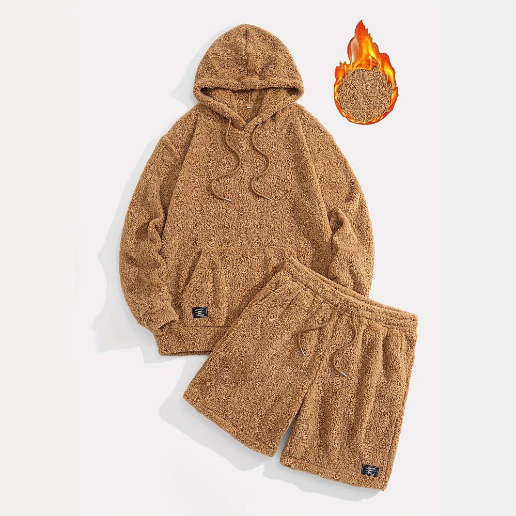 Warm Lambswool Casual Set Mens Hooded Sweatshirt Shorts