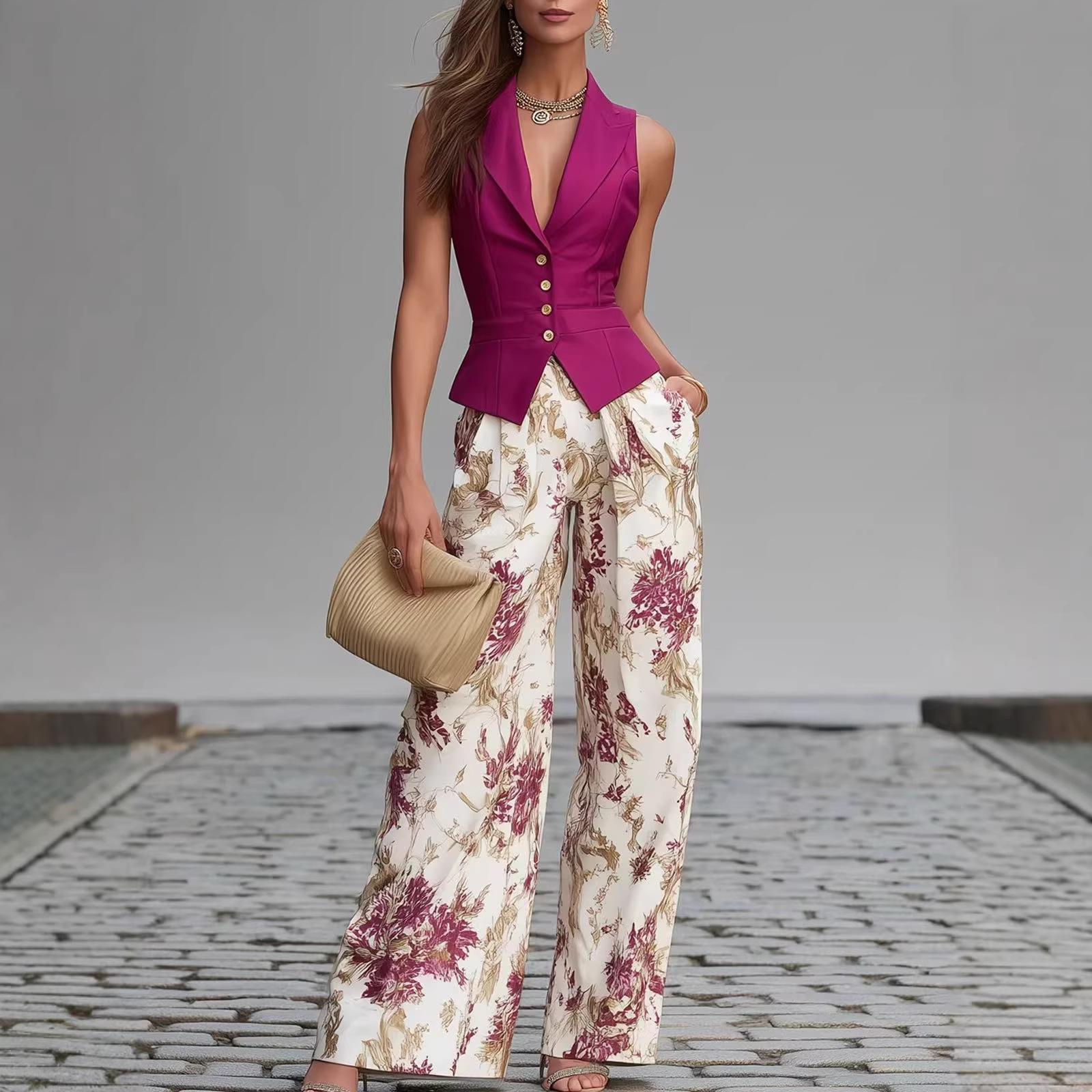 Elegant Buttoned Vest Top And Summer Slimming Wide-leg Pants Two-piece Set For Women