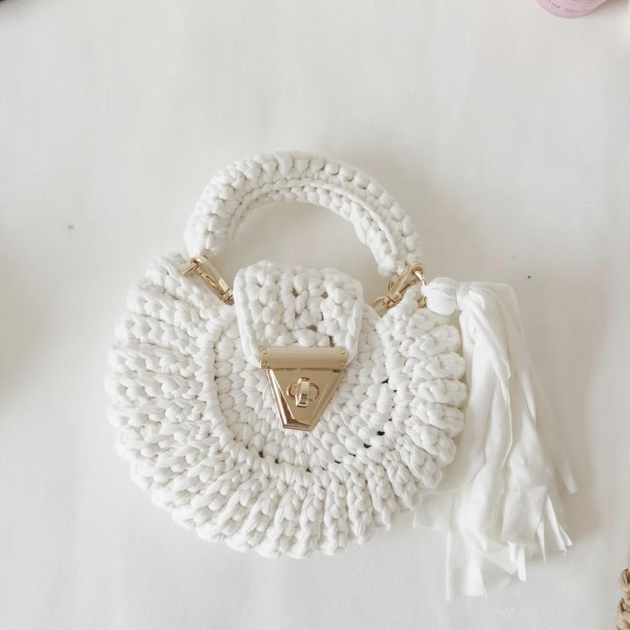 Bohemian Womens Solid-Colored Fabric-Strap Crochet Bag