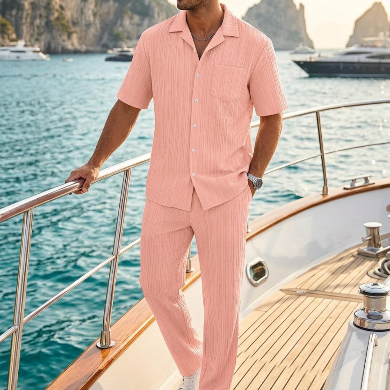 New Mens Solid Color Button Down Shirt And Trousers Set