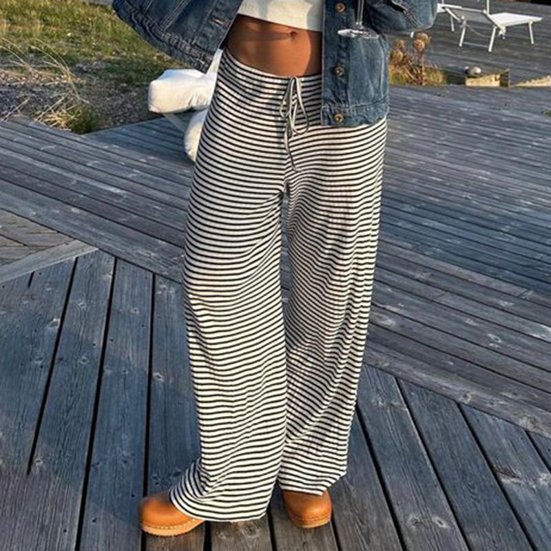 Women's Striped Print Trousers Y2K Fashion Casual Lace Up Home Straight Wide-leg Pants