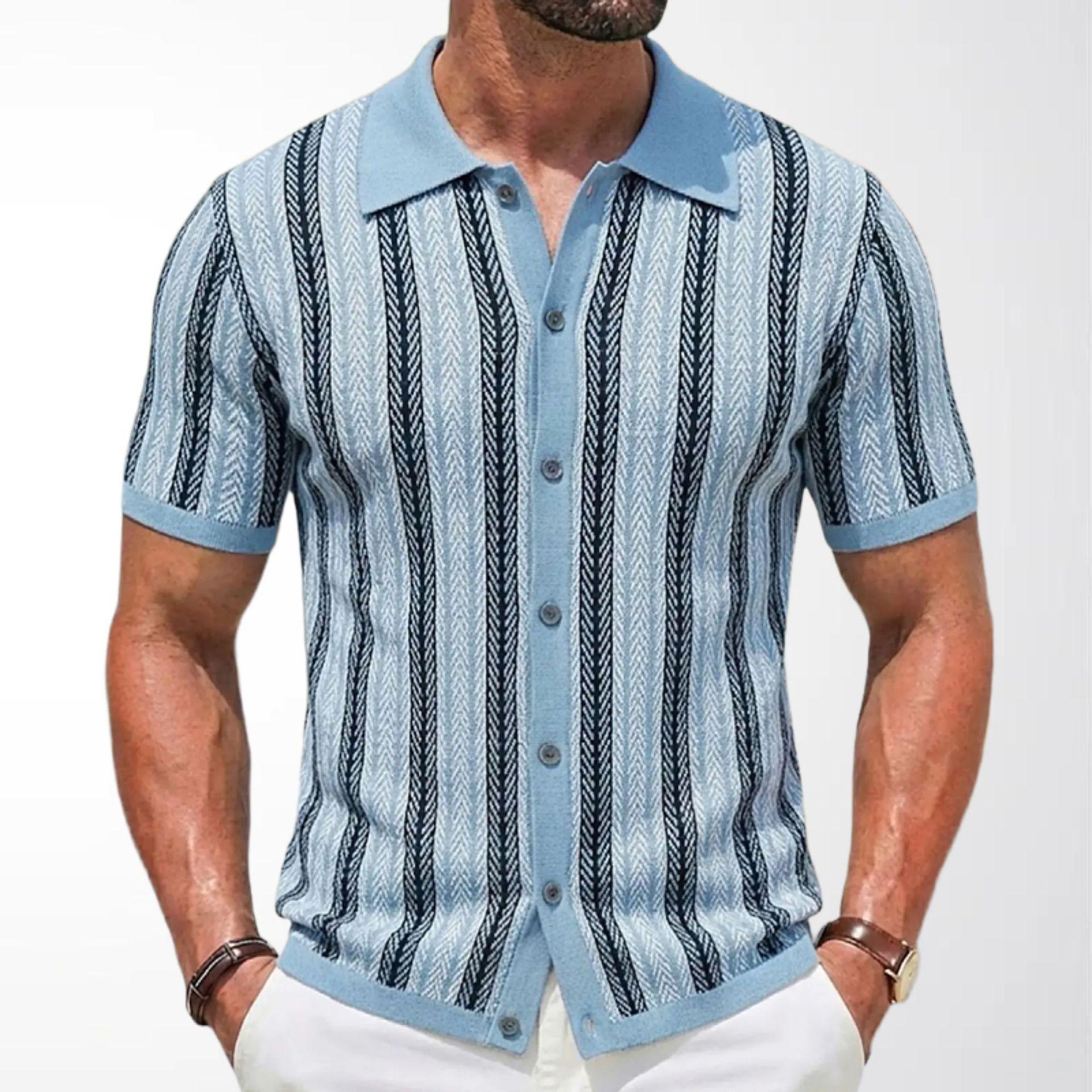 Men's Short-Sleeve Striped Knitted Cardigan Jacquard Polo Shirt