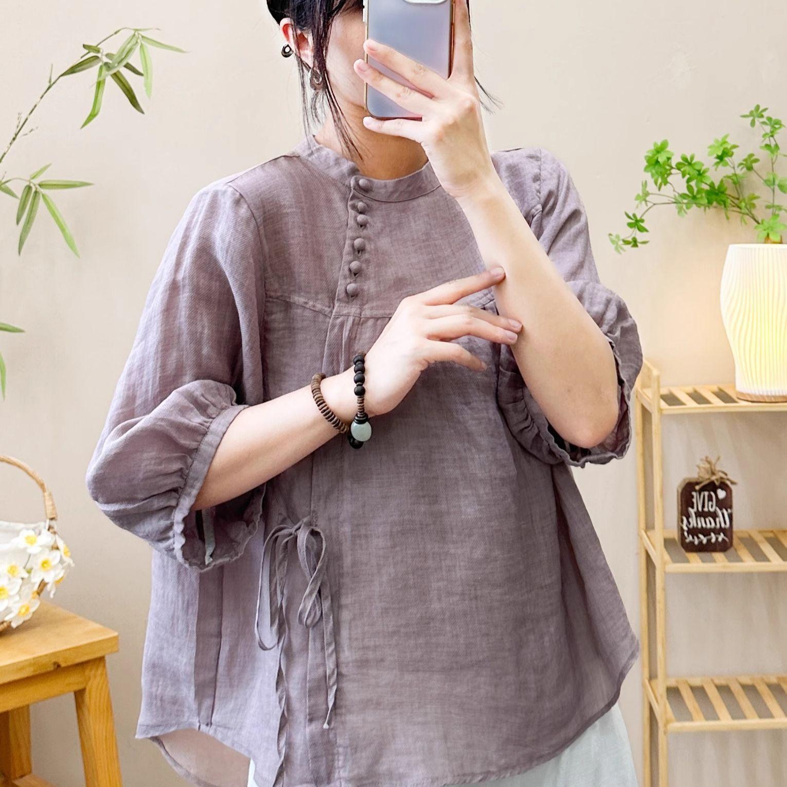 Five-point Solid-color Lace-up Short-sleeve Blouse Shirt