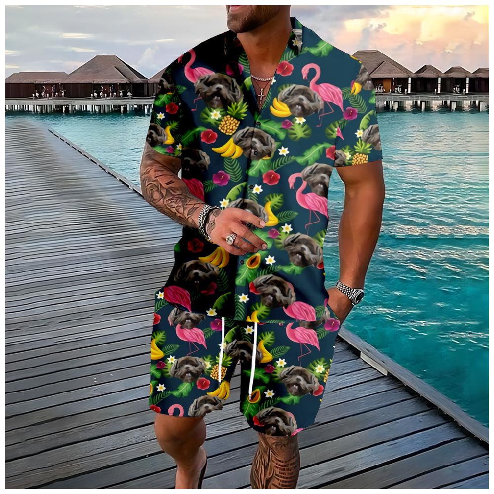 Mens Lapel Shirt And Shorts Set With 3D Print