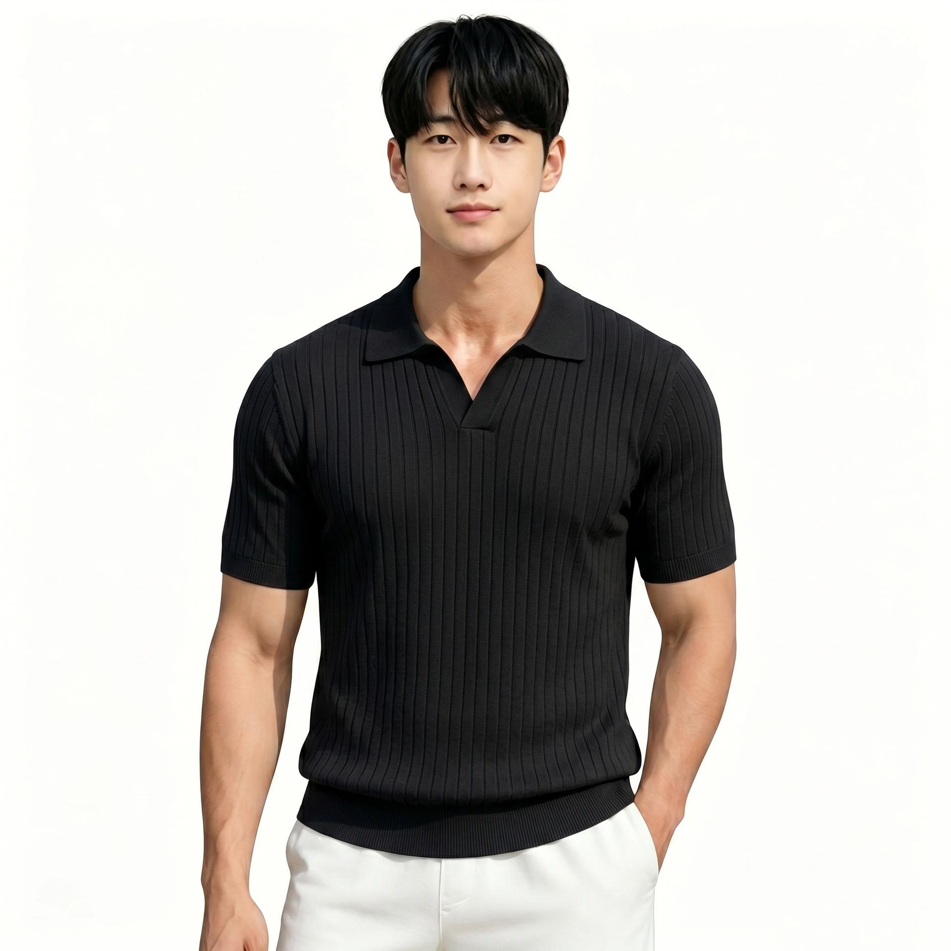 Notch-collar Striped Half-zip Knit T-shirt