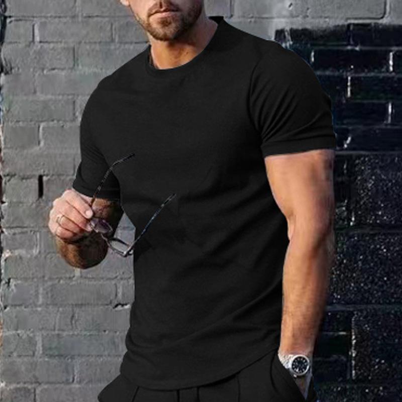 Mens Summer Solid-Color Crew-Neck Short-Sleeve Top
