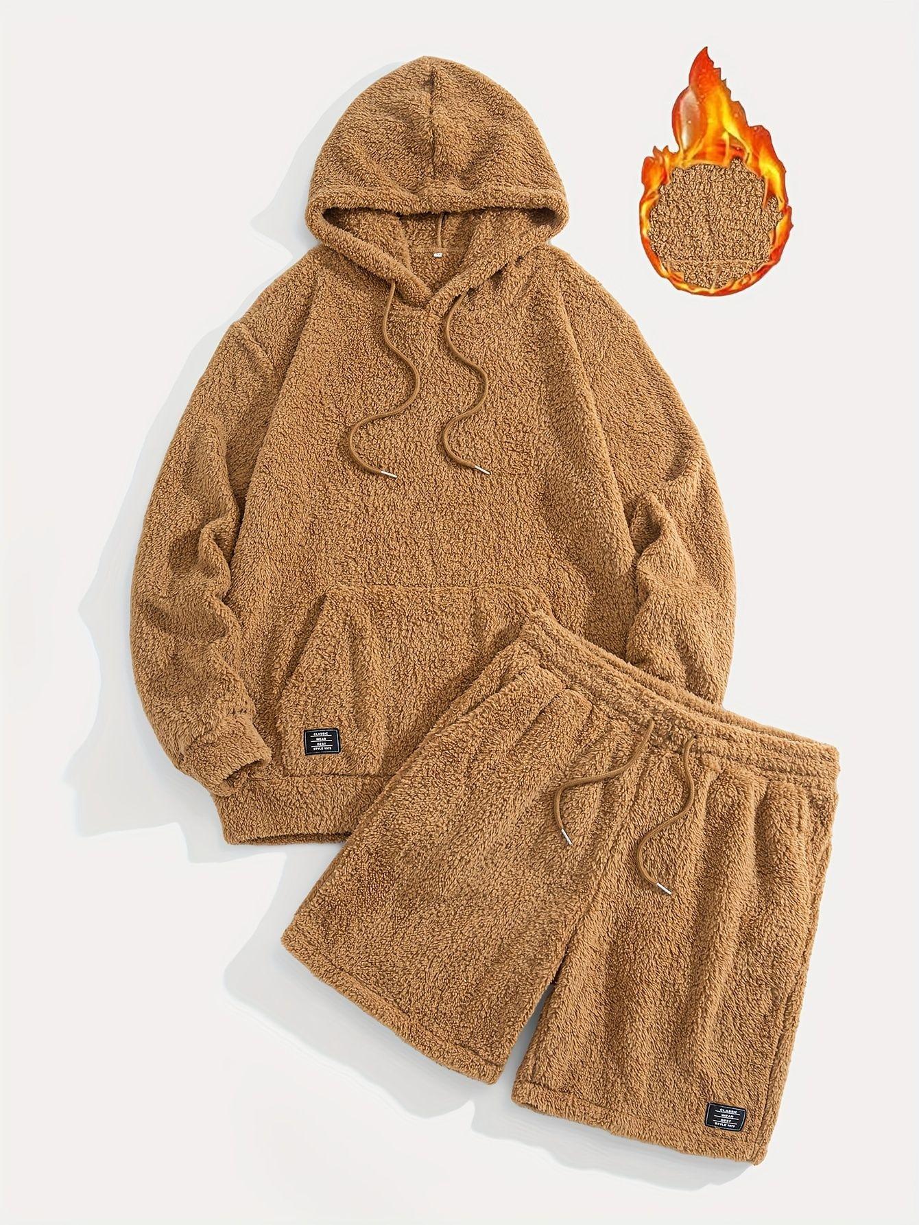 Warm Lambswool Casual Set Mens Hooded Sweatshirt Shorts